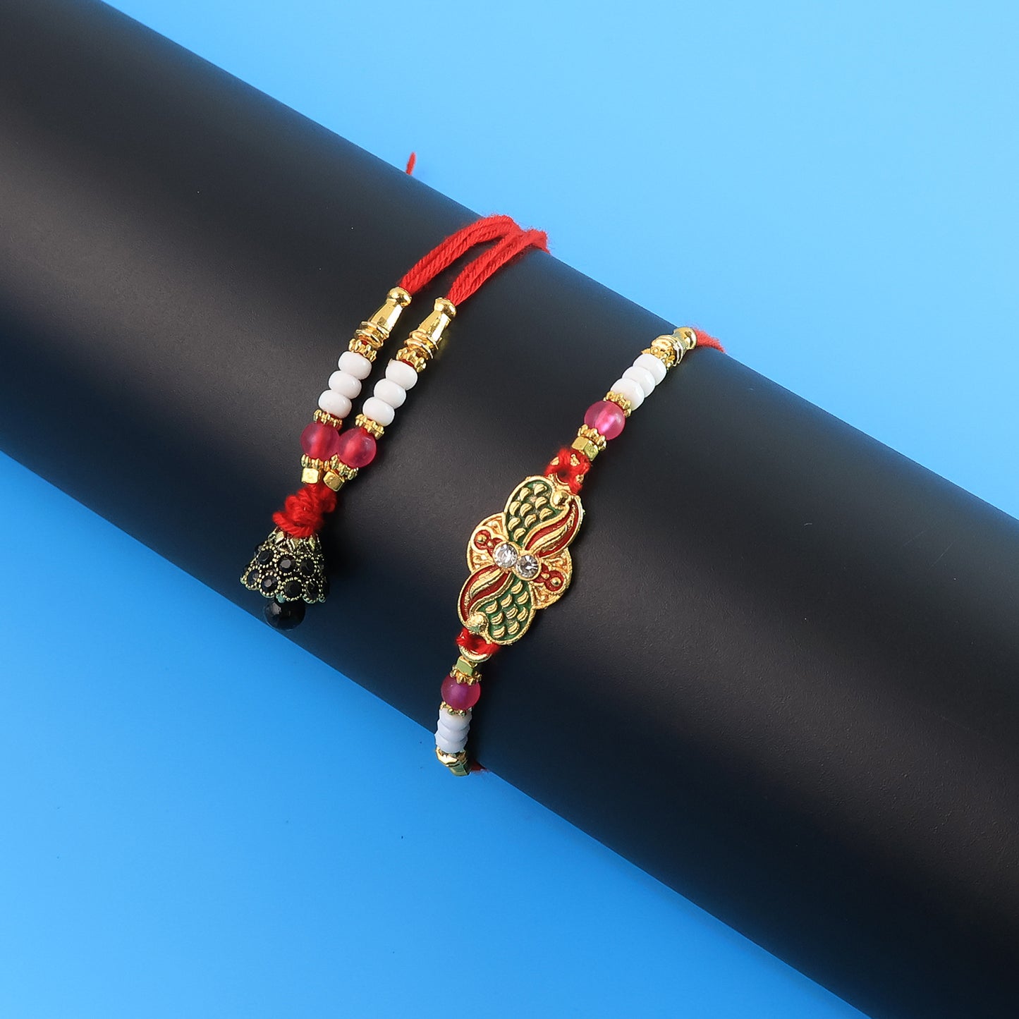 Elegant Bhabhi Lumba Rakhi With Butterfly Design Beaded Tassels  Pink Stone Work