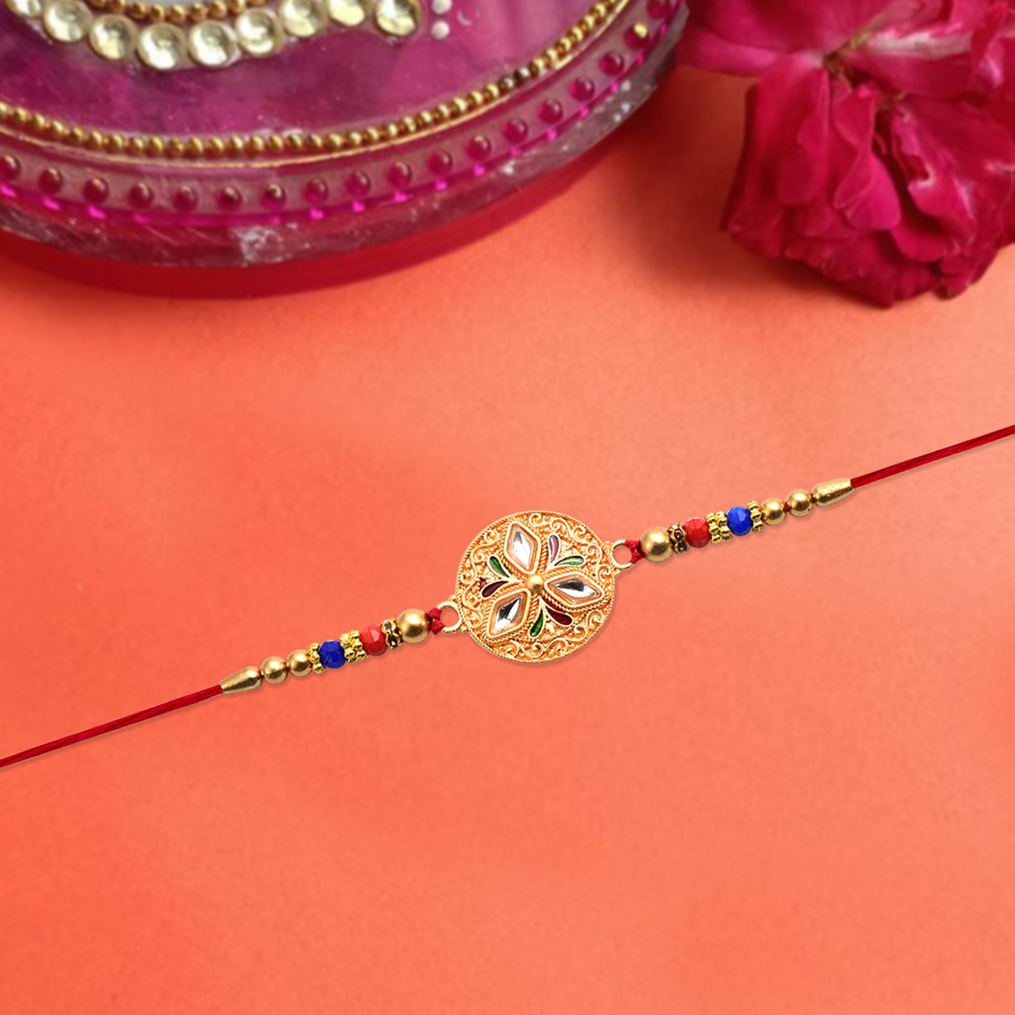 Elegant Meenakari Floral Rakhi With Colorful Beads  Golden Detailing