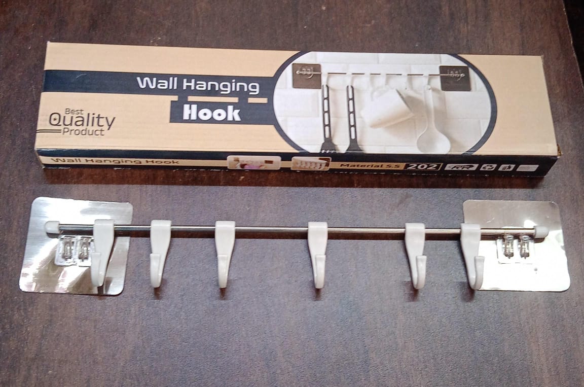 17968 Stainless Steel Utensil Hanger Rail Nail Free Wall Mount With 2 Magic Stickers 6 Plastic Hooks For Kitchen