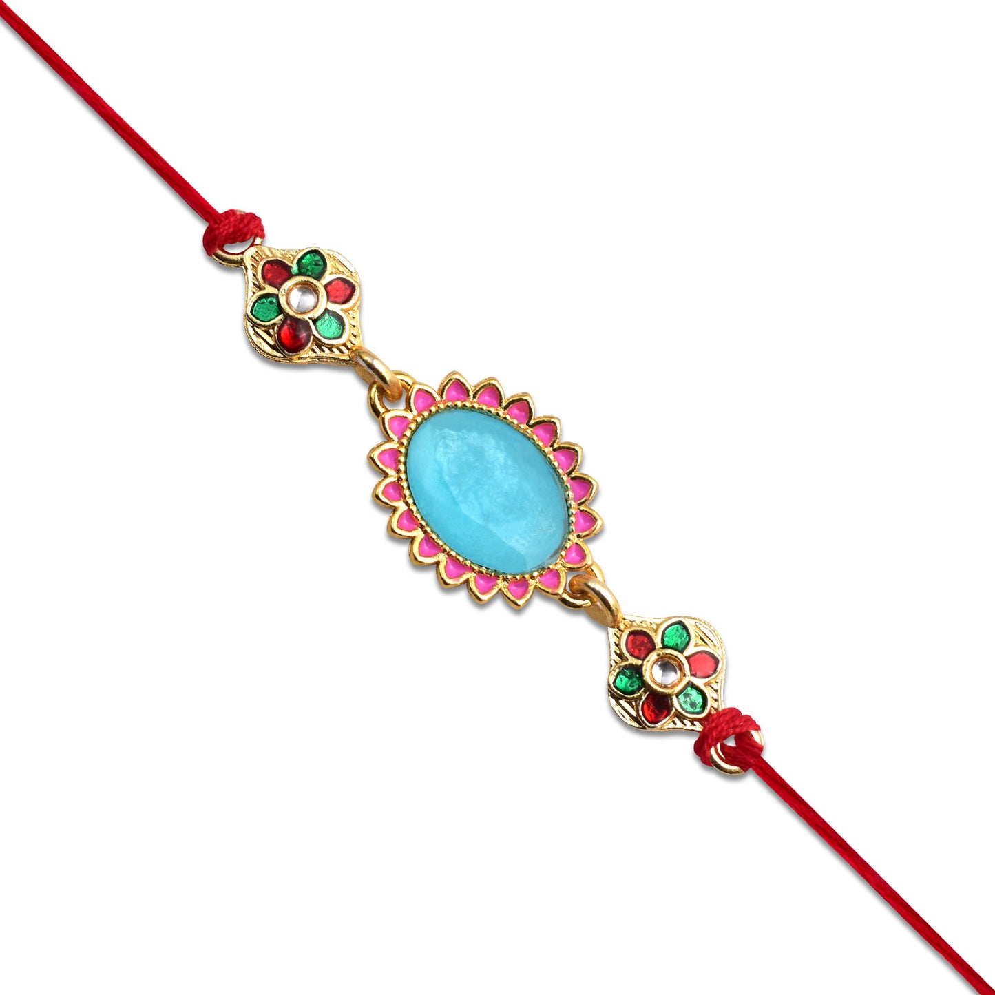 Blue Stone Rakhi With Floral Meenakari Accents