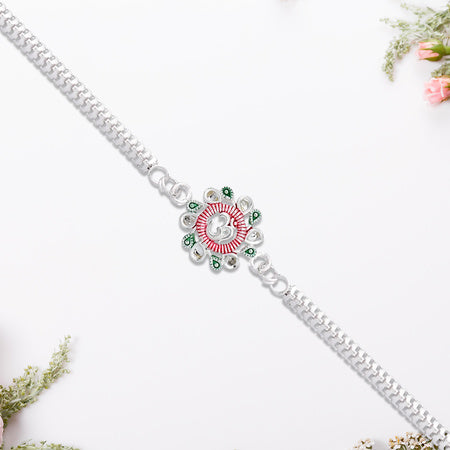 Elegant Floral Om Rakhi With Pink-green Accents
