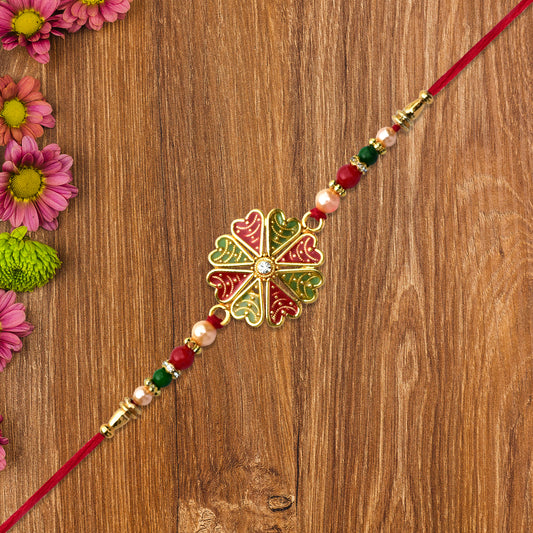 Traditional Kundan Rakhi With Golden Floral Base And Rudraksha Beads