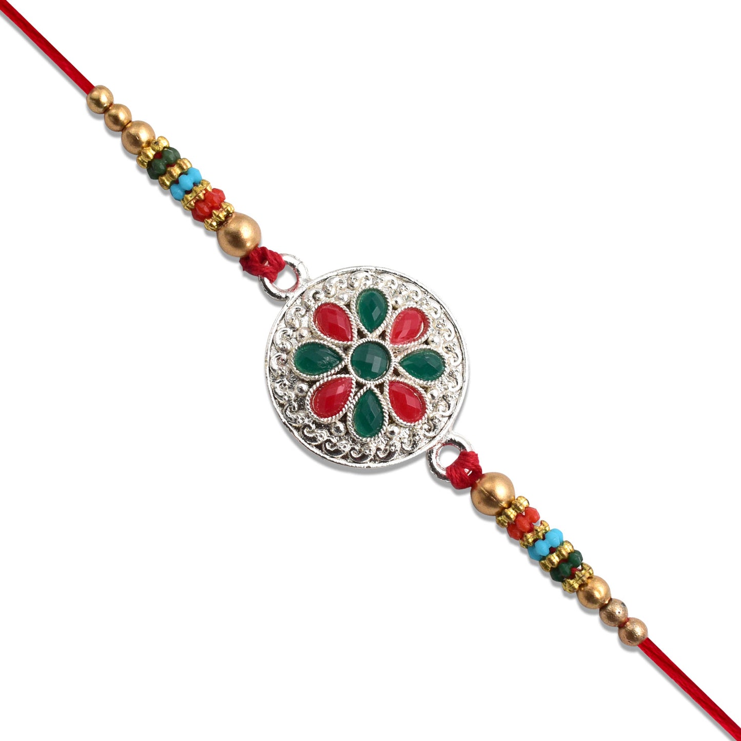 Silver Plated Floral Rakhi With Red  Green Stones