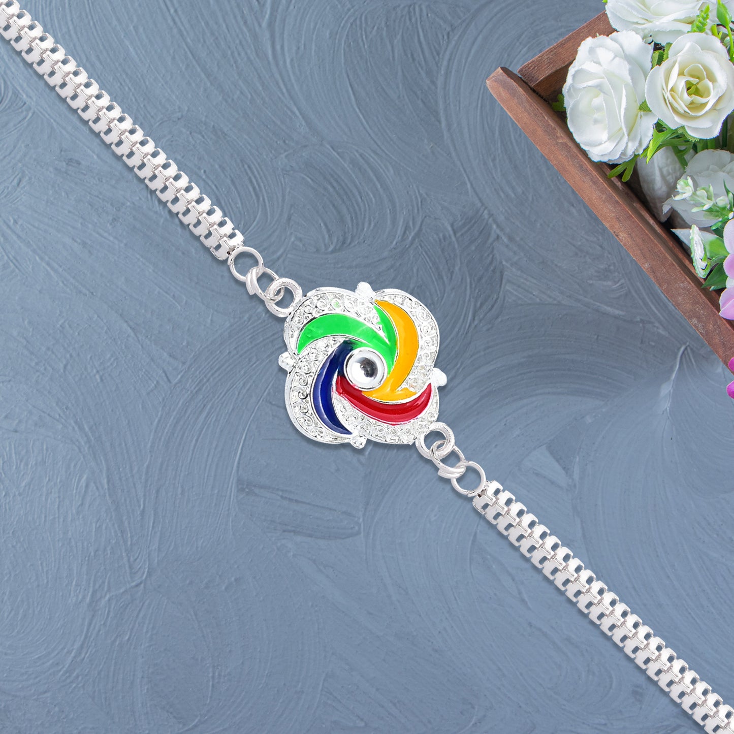 Stylish Silver Rakhi With Colorful Feather Detailing And Metal Chain