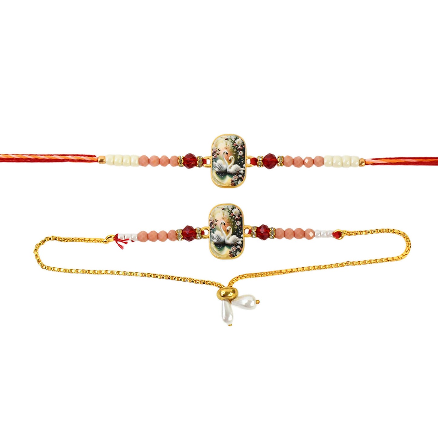 Elegant Swan Design Bhaiya Bhabhi Rakhi Set  Premium Printed Tile Rakhi With Crystal Beads  Adjustable Bracelet