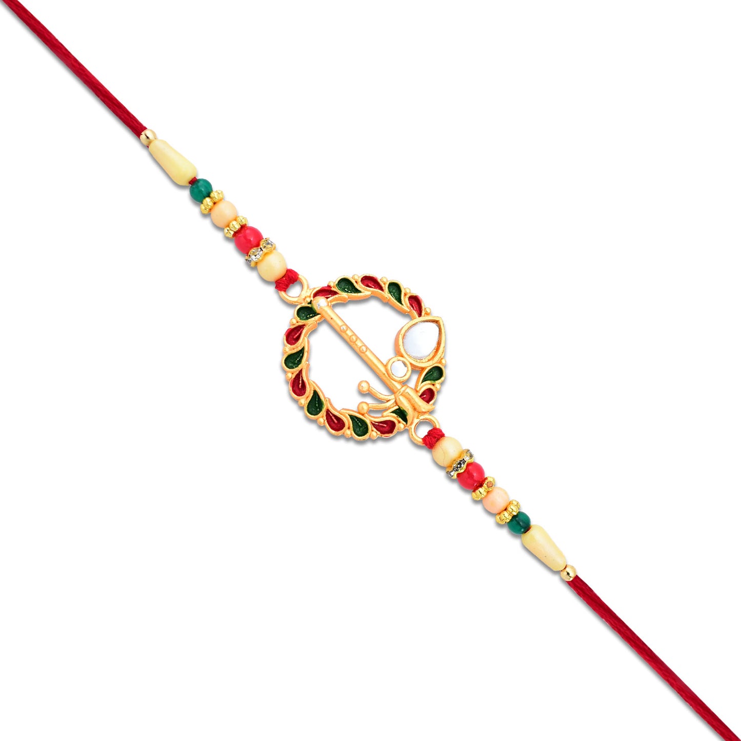 Krishna Flute Rakhi With Colorful Leaf Motif  Beads