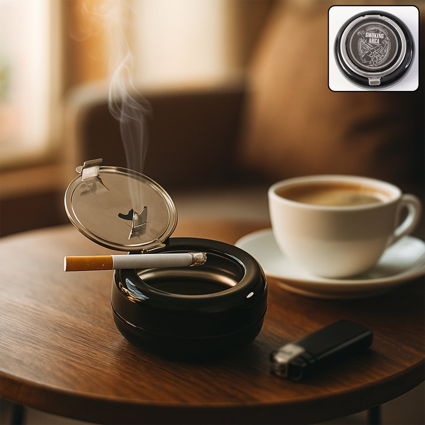 Round Smokeless Ashtray With Lid (1 Pc)