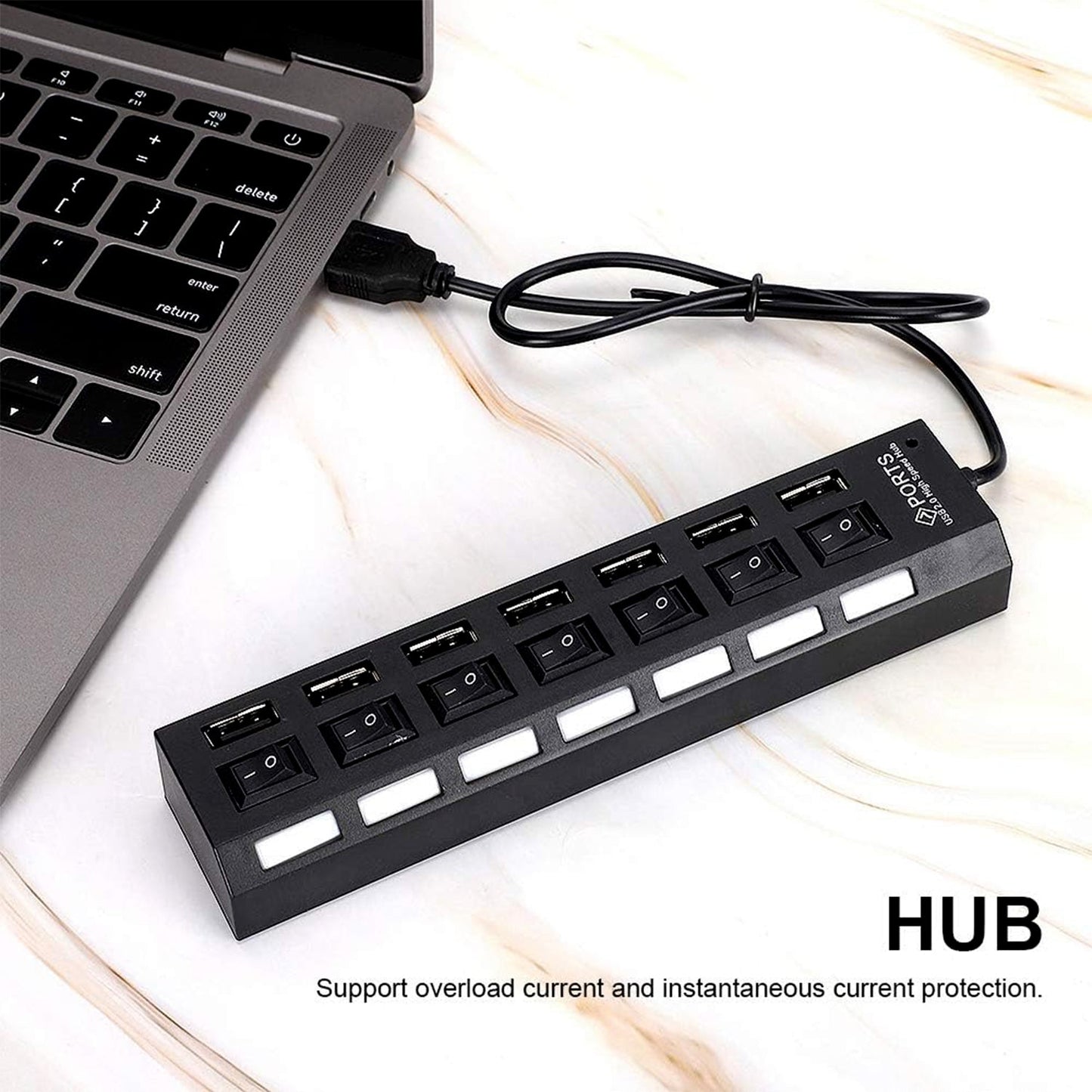 USB Splitter Multi Port USB 2.0 Hub, 7 Port with Independent On/Off Switch and LED Indicators USB A Port Data Hub, Suitable for PC Computer Keyboard Laptop Mobile HDD, Flash Drive Etc