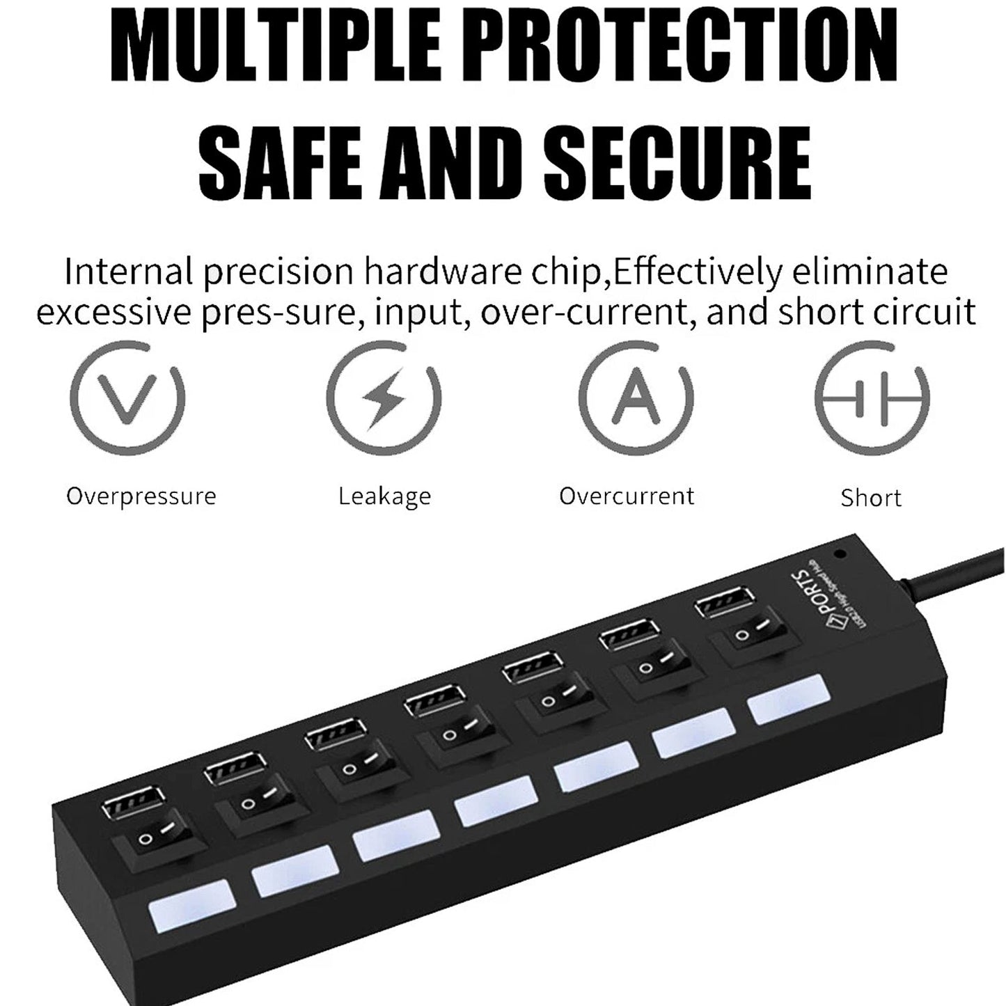 USB Splitter Multi Port USB 2.0 Hub, 7 Port with Independent On/Off Switch and LED Indicators USB A Port Data Hub, Suitable for PC Computer Keyboard Laptop Mobile HDD, Flash Drive Etc