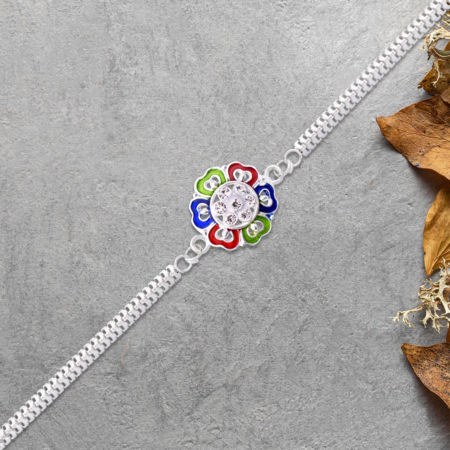 Silver Floral Rakhi With Multicolor Enamel And Stones