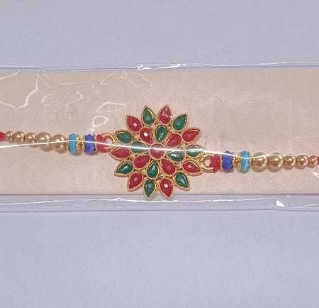 Red And Green Colored Stone Flower Design Rakhi