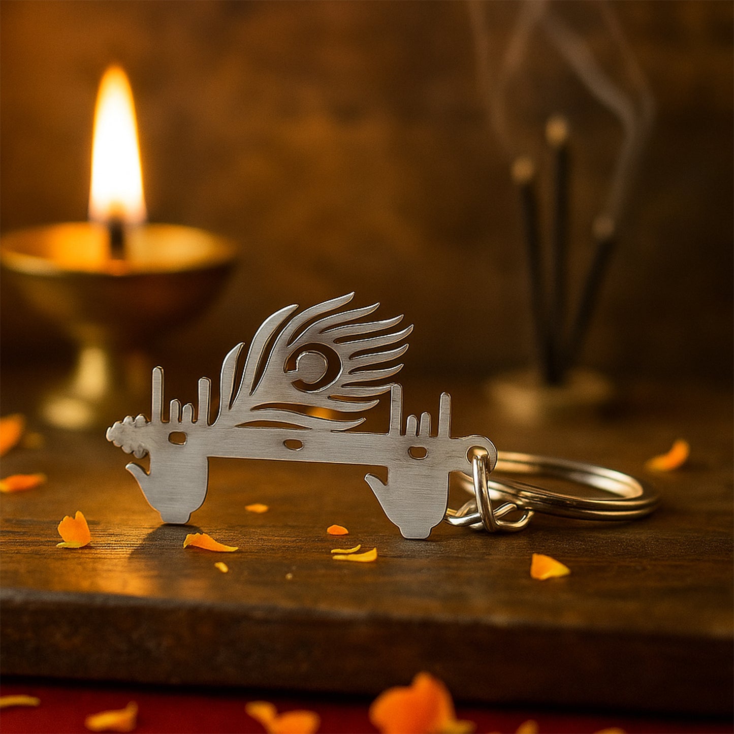 Krishna Flute Peacock Feather Metal Keychain - (1 Pc)