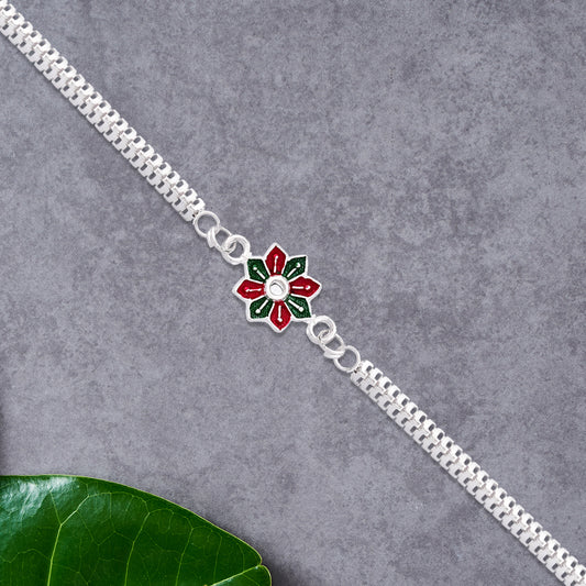 Star Floral Rakhi With Red-green Enamel And Silver Chain