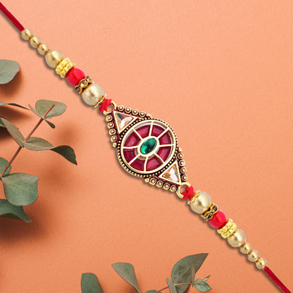 Royal Designer Rakhi With Kundan Centerpiece Red  Green Enamel Work And Golden Beads