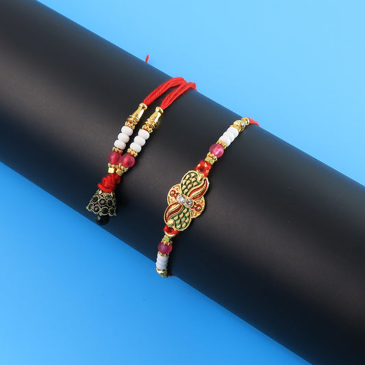 Elegant Bhabhi Lumba Rakhi With Butterfly Design Beaded Tassels  Pink Stone Work