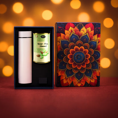 Effete Kesar Pista Almonds Gift Hamper Golden With Bottle (2 Pc Set)