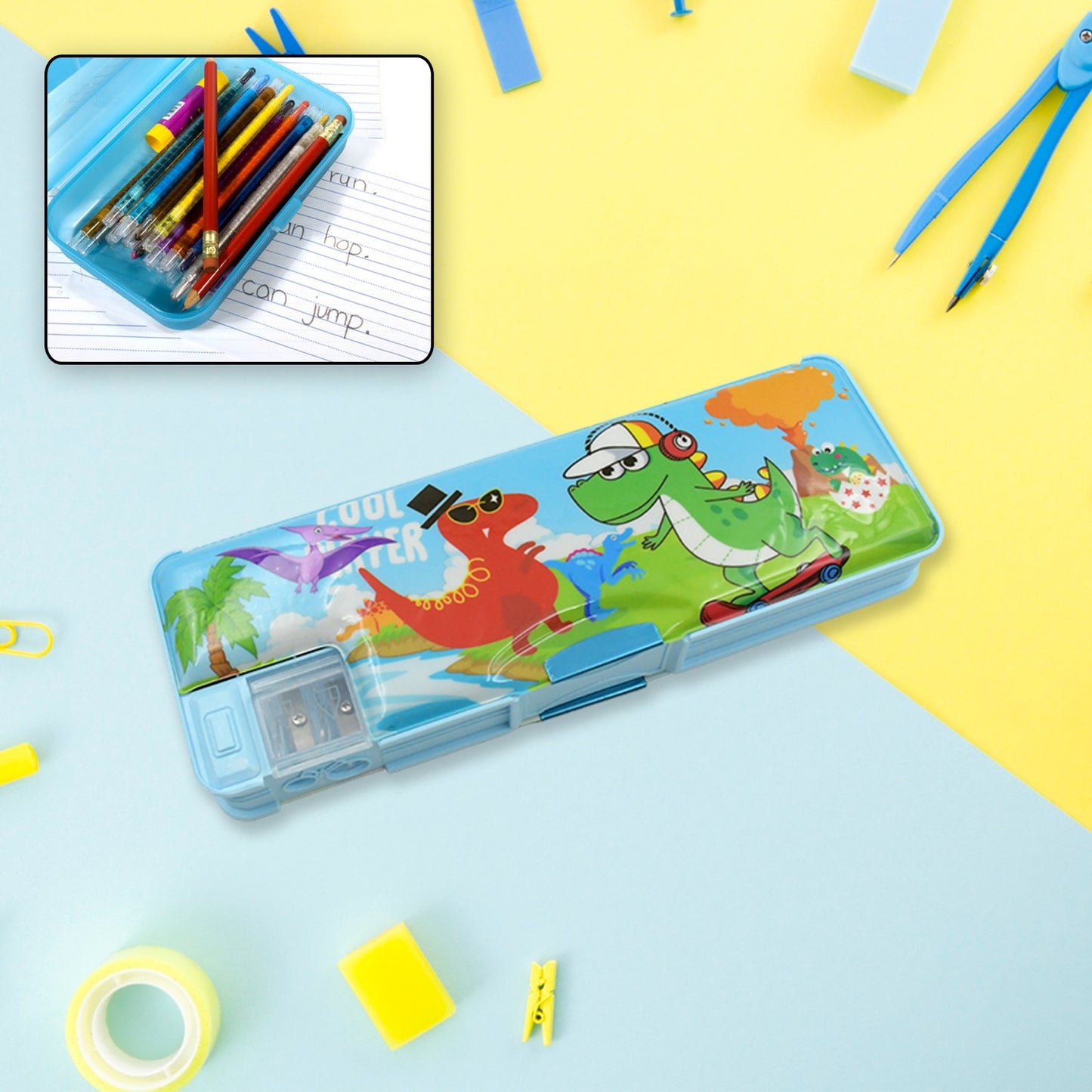4252 Multipurpose Compass Box Plastic Double Deck Pencil Case With 2 Compartments Supplies Utility Box Storage Organizer Pencil Box For School Cartoon Printed Pencil Case For Kids Birthday Gift For Girls  Boys (1 Pc Mix Design)