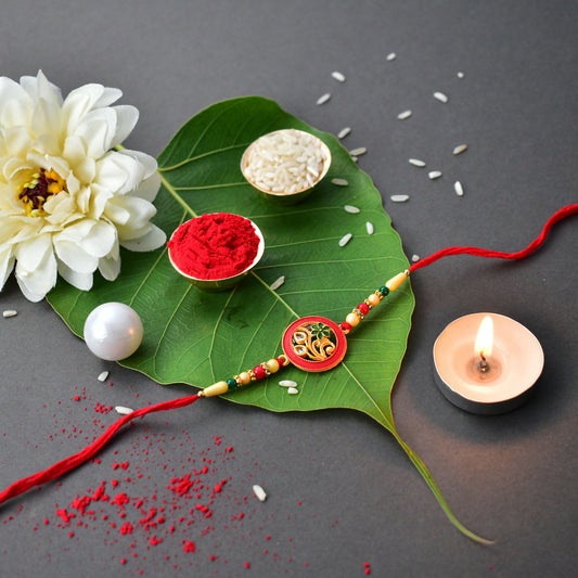 Traditional Circular Meenakari Rakhi With Floral Motif And Beaded Thread