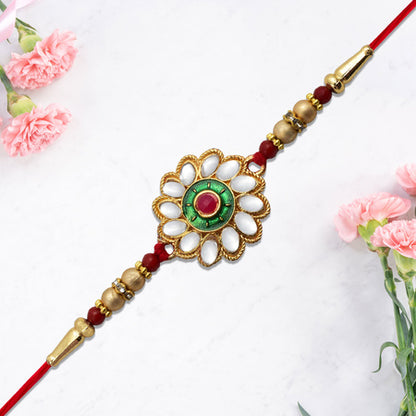 Kundan Floral Rakhi With Green  Red Centerpiece