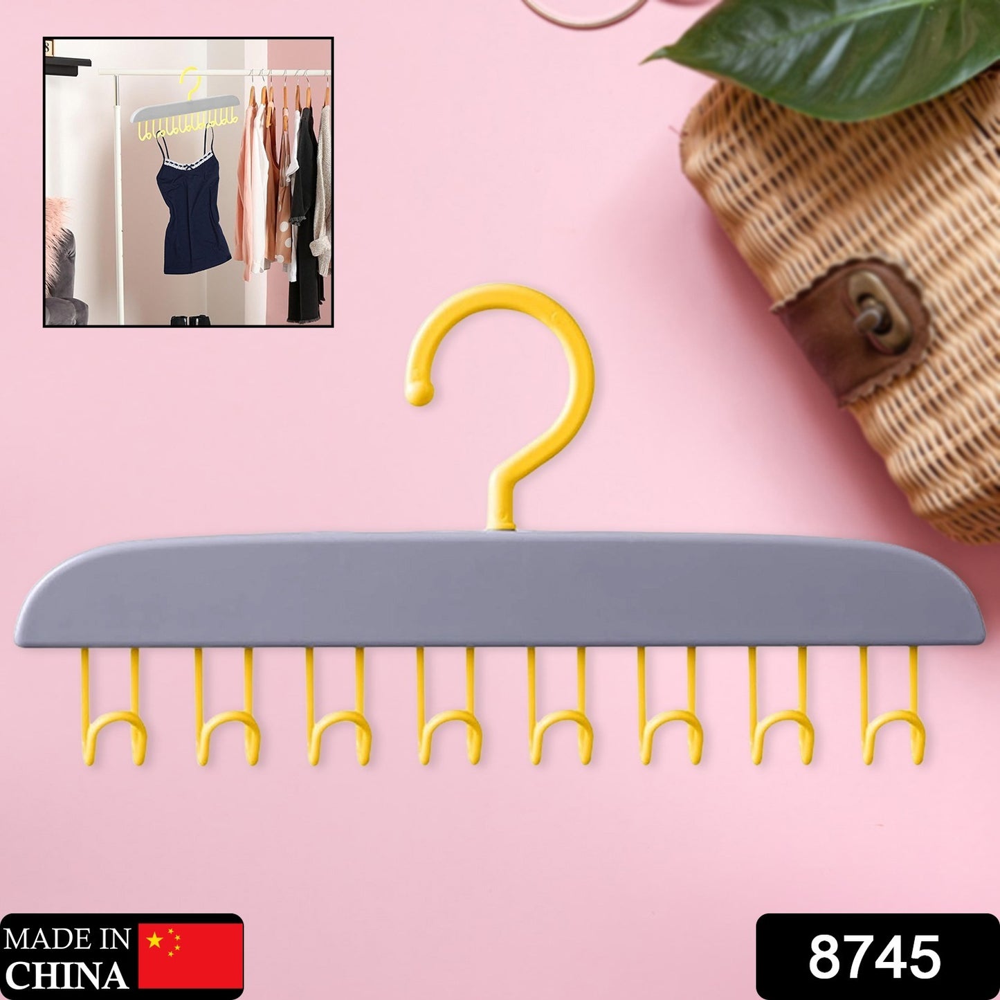 8745 Plastic Organizer Hanger 360 Degree Rotatable Clothes Multifunctional With 8 Hooks Heavy Duty Clothing Tank Top Belt Towel Drying Rack Holder (1 Pc)