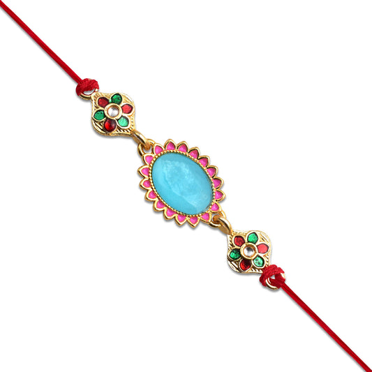 Blue Stone Rakhi With Floral Meenakari Accents