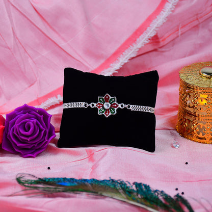 Star Floral Rakhi With Red-green Enamel And Silver Chain