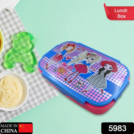 5983 Cartoon Printed Plastic Lunch Box With Inside Small Box  Spoon For Kids Air Tight Lunch Tiffin Box For Girls Boys Food Container Specially Designed For School Going Boys And Girls