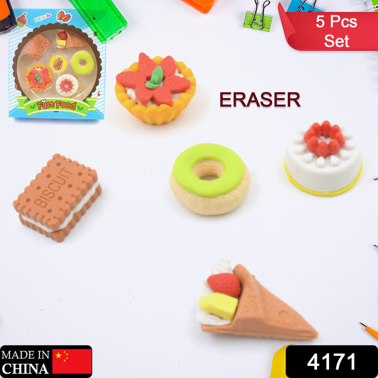 4171 3d Fast Food Fancy  Stylish Colorful Erasers Mini Eraser Creative Cute Novelty Eraser For Children Different Designs Eraser Set For Return Gift Birthday Party School Prize Fast Food Set Eraser ( 5 Pc Set )
