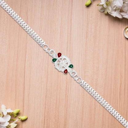 Delicate Metal Chain Rakhi With Enamel Floral Center