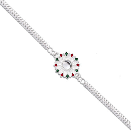Elegant Silver-plated Floral Rakhi With Red And Green Meenakari Accents