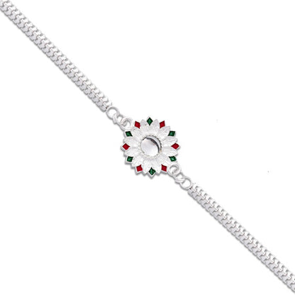 Elegant Silver-plated Floral Rakhi With Red And Green Meenakari Accents