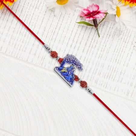 Radha Krishna Rakhi Under Tree Design With Rudraksha  Red Mauli Thread