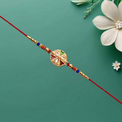 Designer Floral Rakhi With Mirror Work  Colorful Beads On Red Thread
