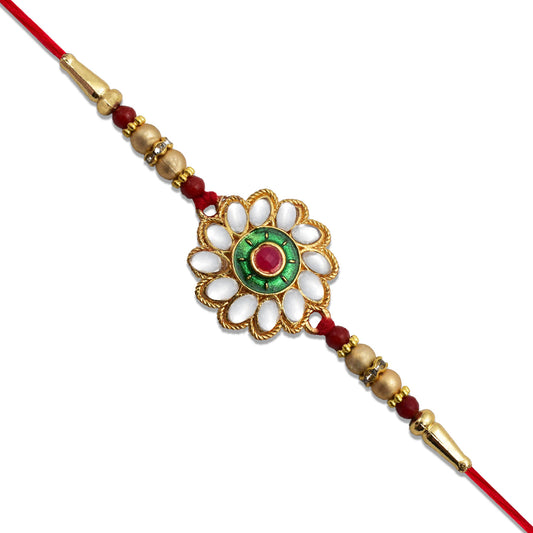 Kundan Floral Rakhi With Green  Red Centerpiece