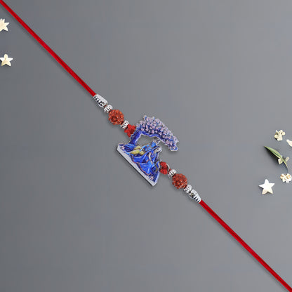 Radha Krishna Rakhi Under Tree Design With Rudraksha  Red Mauli Thread