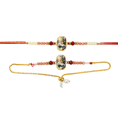 Elegant Swan Design Bhaiya Bhabhi Rakhi Set  Premium Printed Tile Rakhi With Crystal Beads  Adjustable Bracelet