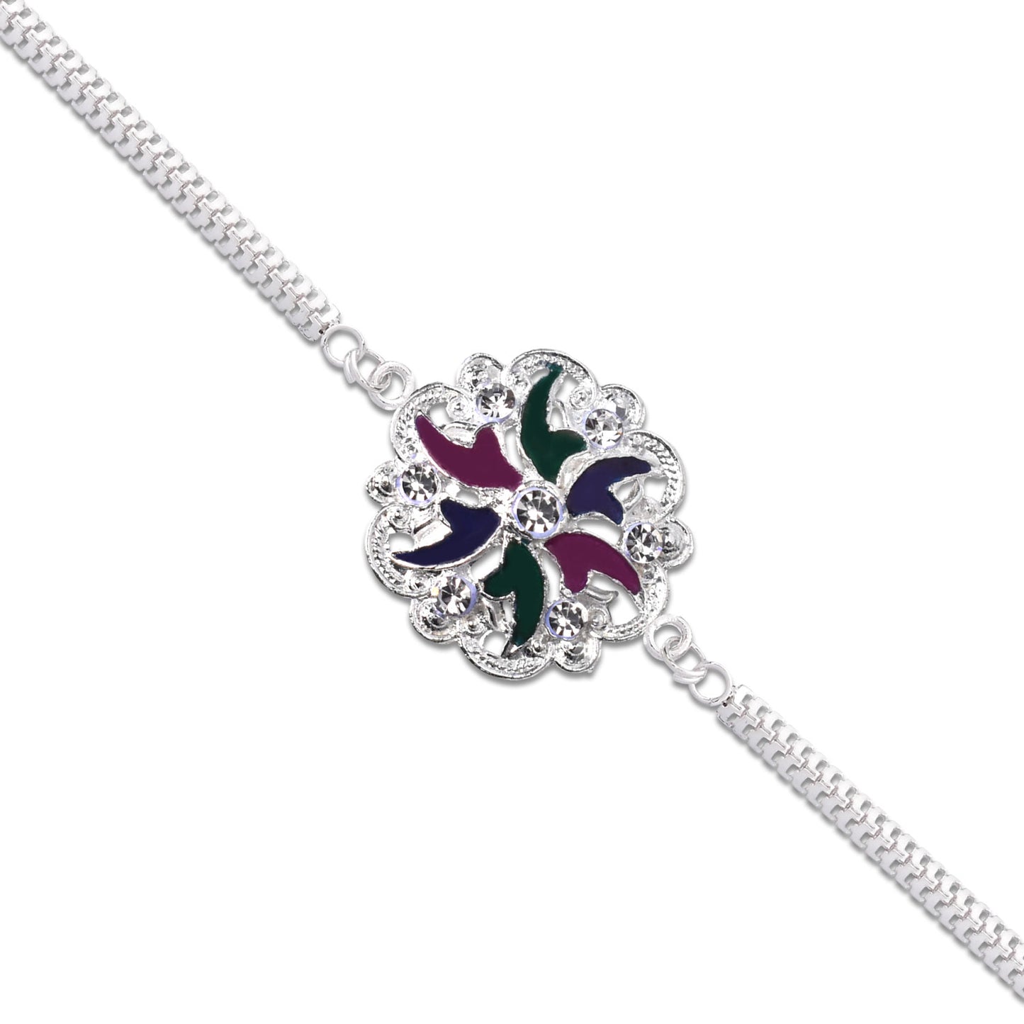 Silver Floral Rakhi With Multicolor Enamel  Chain Band