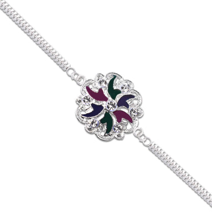 Silver Floral Rakhi With Multicolor Enamel  Chain Band