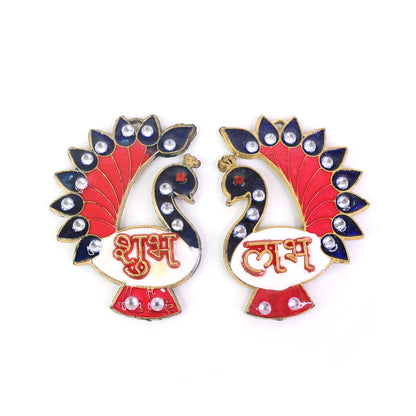 Decorative Peacock Design Shubh Labh Wall Hanging (2 Pc)
