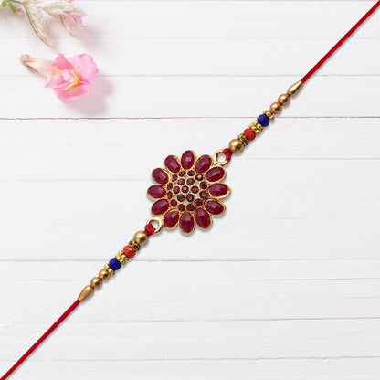 Red Floral Stone Rakhi With Bead Accents