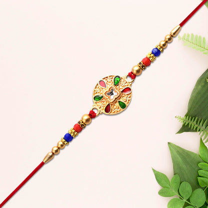 Traditional Circular Meenakari Rakhi With Multicolor Enamel Kundan Stone  Gold Beads