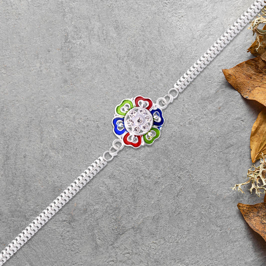 Silver Floral Rakhi With Multicolor Enamel And Stones