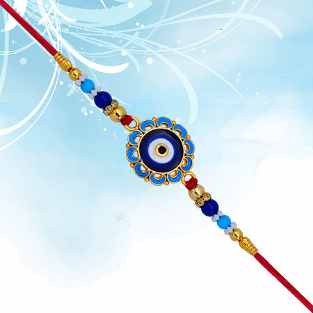 Evil Eye Rakhi With Blue Beads And Golden Accents  Protective Nazar Design