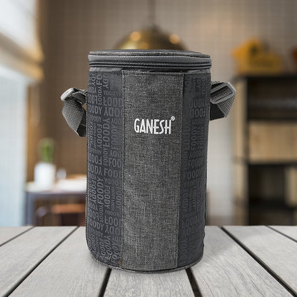 8717 4in1tiffin Box-lunch Box  3 Stainless Steel Containers 300 Ml Approx  Plastic Salad Container 200 Ml Approx Plastic Lid Box  Round Zip Bag  Leak Proof  Microwave Safefor Office College And School For Men Women