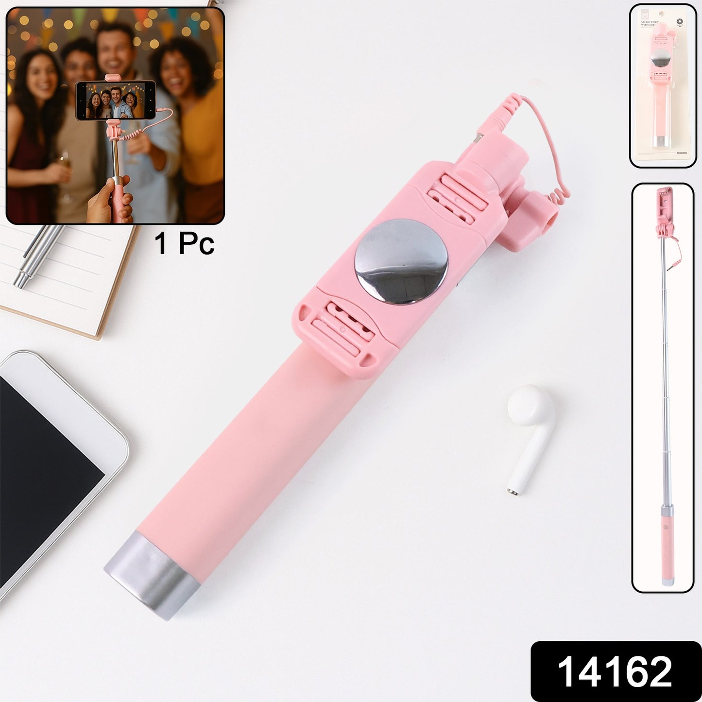 Wired Selfie Stick With Rearview Mirror  Built-in Shutter Button (1 Pc)