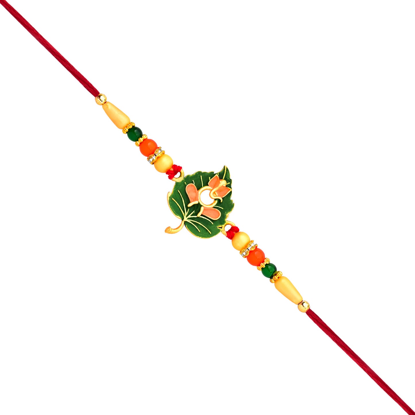 Green Tulsi Leaf Rakhi With Orange Enamel Flower And Beaded Thread