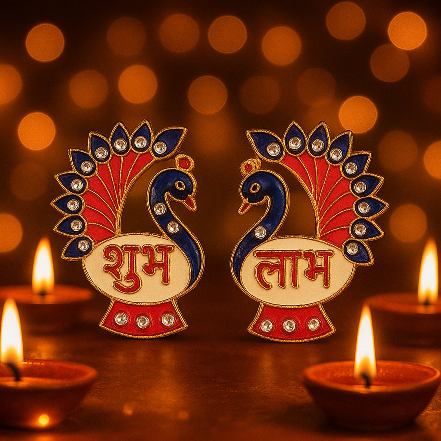 Decorative Peacock Design Shubh Labh Wall Hanging (2 Pc)