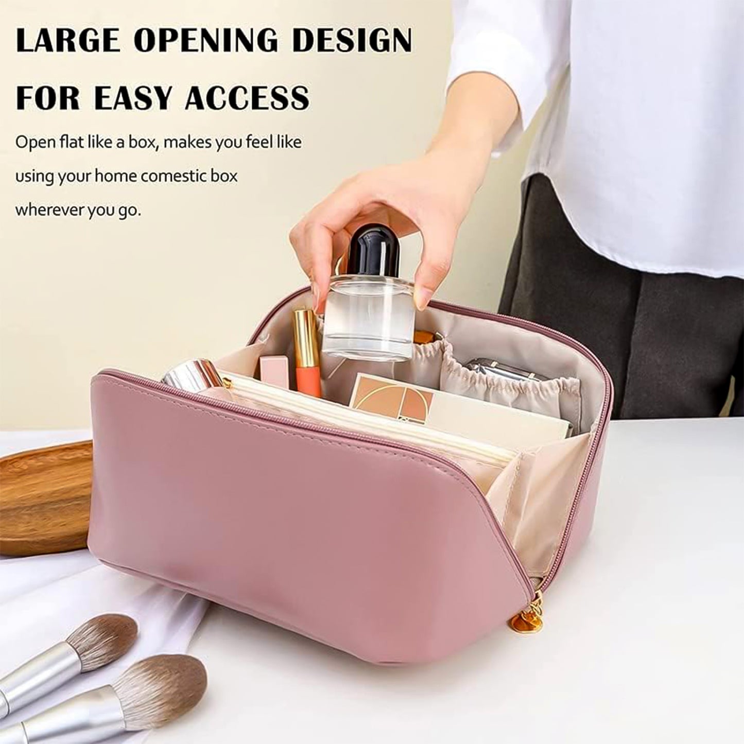 Premium Peach Travel Makeup  Toiletry Organizer Pouch With Zipper  Handle (1 Pc)