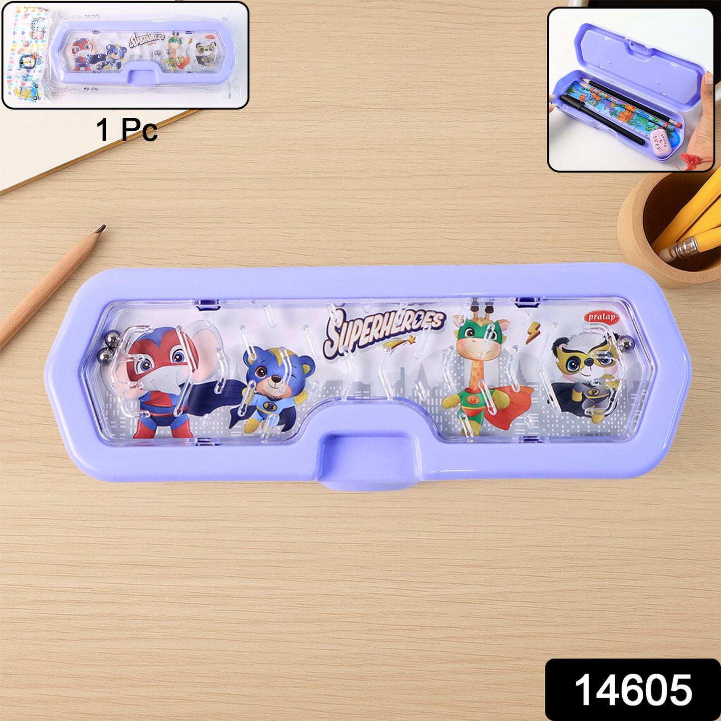 Cartoon Character Printed Plastic Pencil Box With Built-in Maze Puzzle Game (1 Pc)