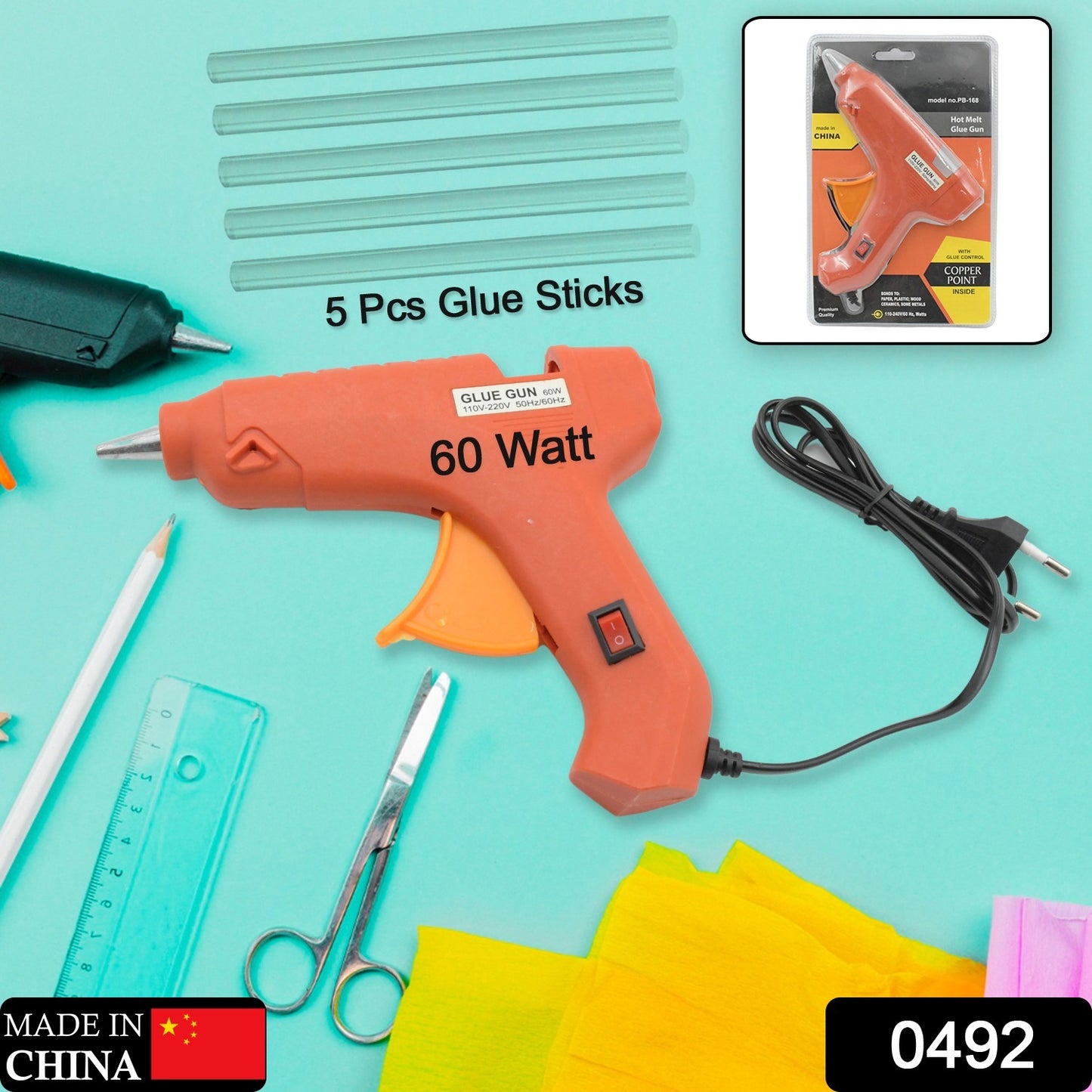 0492 Professional 60 Watt With 5 Pcs Hot Melt Glue Stick  Onoff Switch Electric Tool Hot Melt Glue Gun For Multi Use(1 Pc)